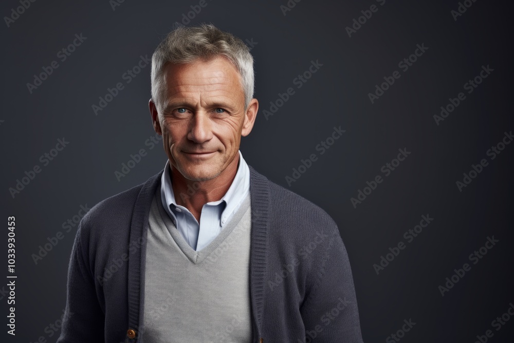 Portrait of a content man in his 50s wearing a chic cardigan in soft gray background Portrait of a content man in his 50s wearing a chic cardigan in soft gray background