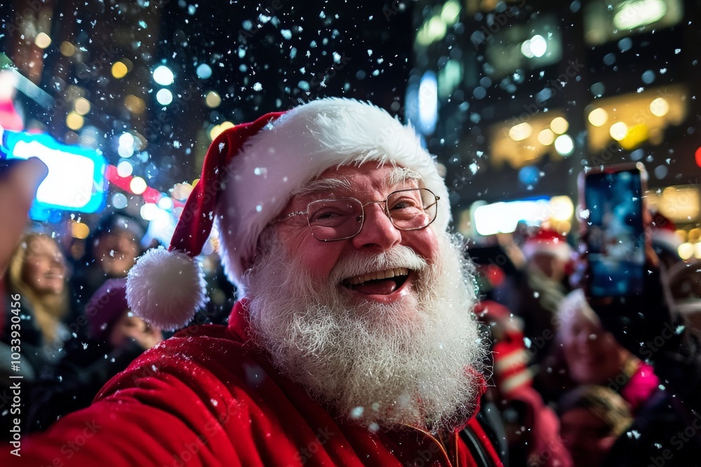 Santa Claus in a bustling city square at night, surrounded by vibrant Christmas lights, snow falling gently as people cheer and take photos, the scene alive with festive energy Santa Claus in a bustling city square at night, surrounded by vibrant Christmas lights, snow falling gently as people cheer and take photos, the scene alive with festive energy