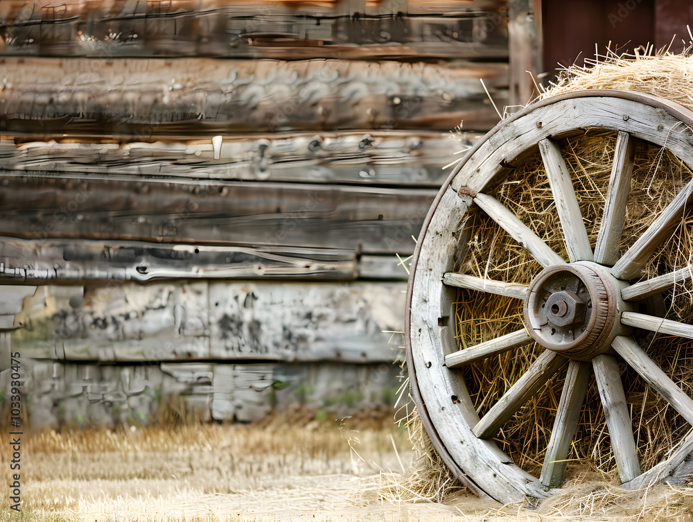 wooden wagon wheel rests against rustic wooden wall, surrounded by dry hay, evoking sense of nostalgia and simplicity in rural life wooden wagon wheel rests against rustic wooden wall, surrounded by dry hay, evoking sense of nostalgia and simplicity in rural life