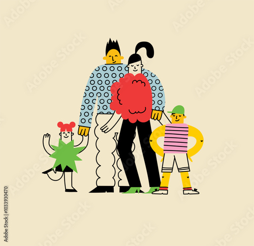 Happy big families illustration. Parents and kids embrace with love, support. Mothers, fathers, children cuddle. Flat graphic vector illustrations isolated in trendy geometric style