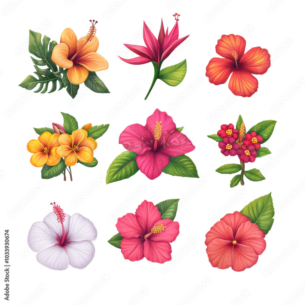 Fototapeta premium Vibrant Set of Tropical Flowers: Hibiscus and Bird of Paradise in Full Bloom