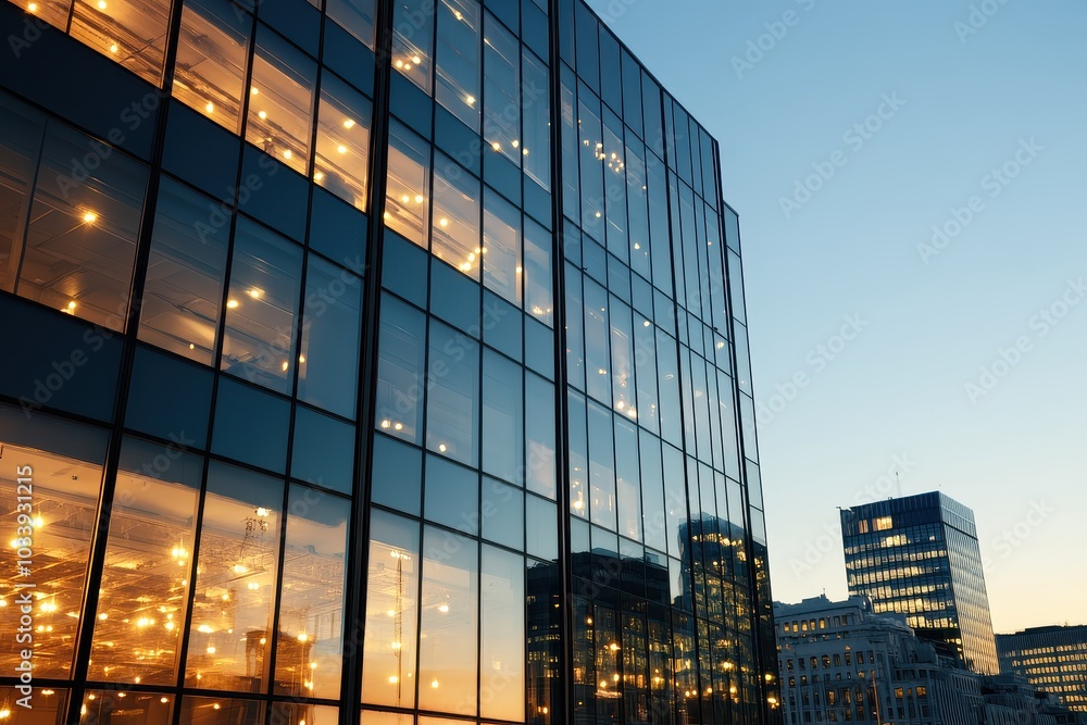 Modern urban office buildings reflecting city lights at dusk Modern urban office buildings reflecting city lights at dusk