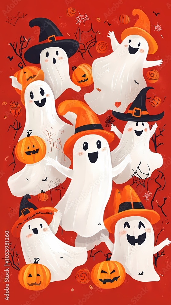 Obraz premium Playful cartoon ghosts in colorful hats celebrating Halloween with pumpkins.