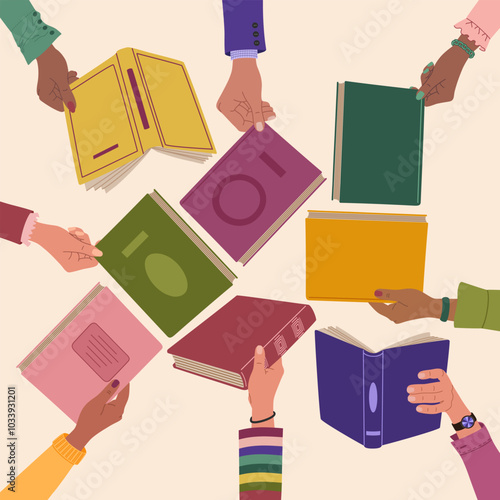 Diverse hands holding books. People exchanging, borrowing and recommending literature. Hand drawn vector illustration isolated on light background, flat cartoon style.