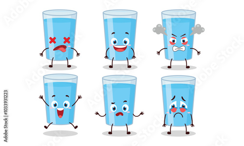 cute water in glass cartoon with many expressions vector illustration