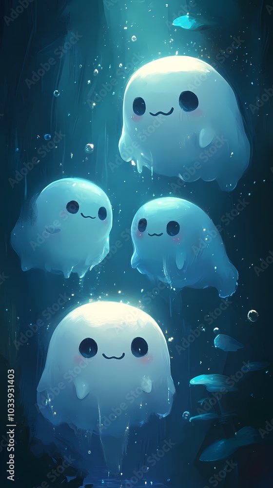 Charming cartoon ghosts with big eyes swimming in a mystical underwater scene. Charming cartoon ghosts with big eyes swimming in a mystical underwater scene.