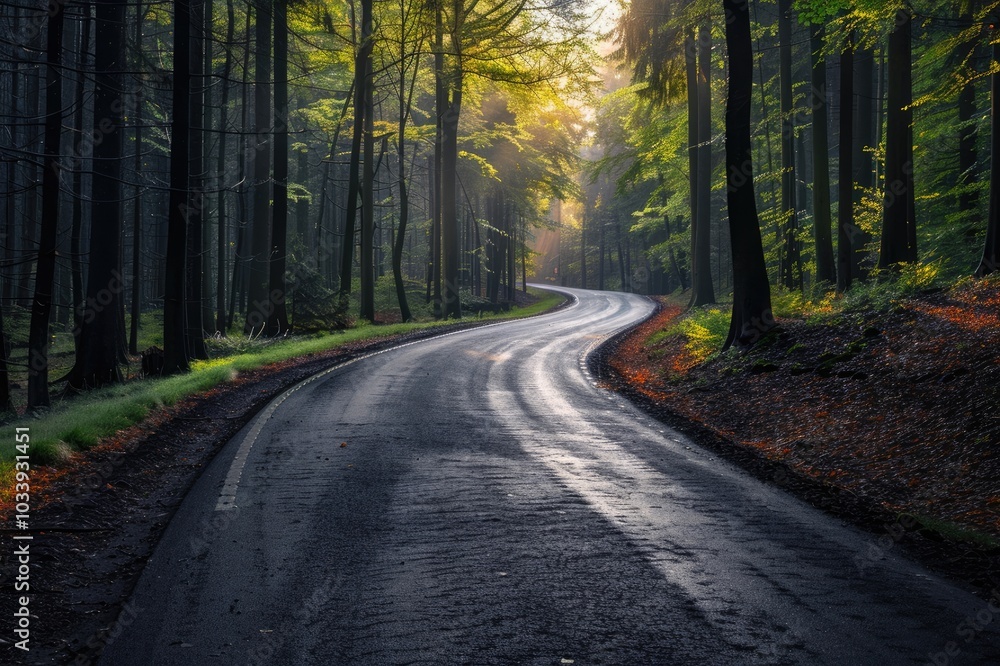 Fototapeta premium Empty asphalt road and green woods at sunset