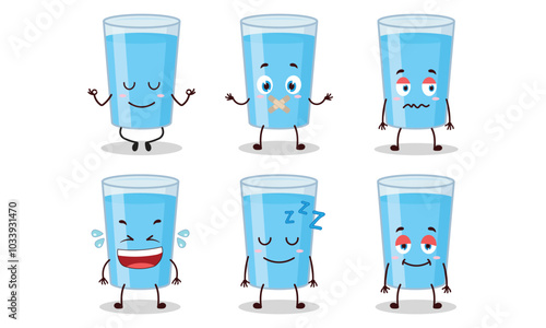 funny water in glass cartoon with various expressions vector illustration