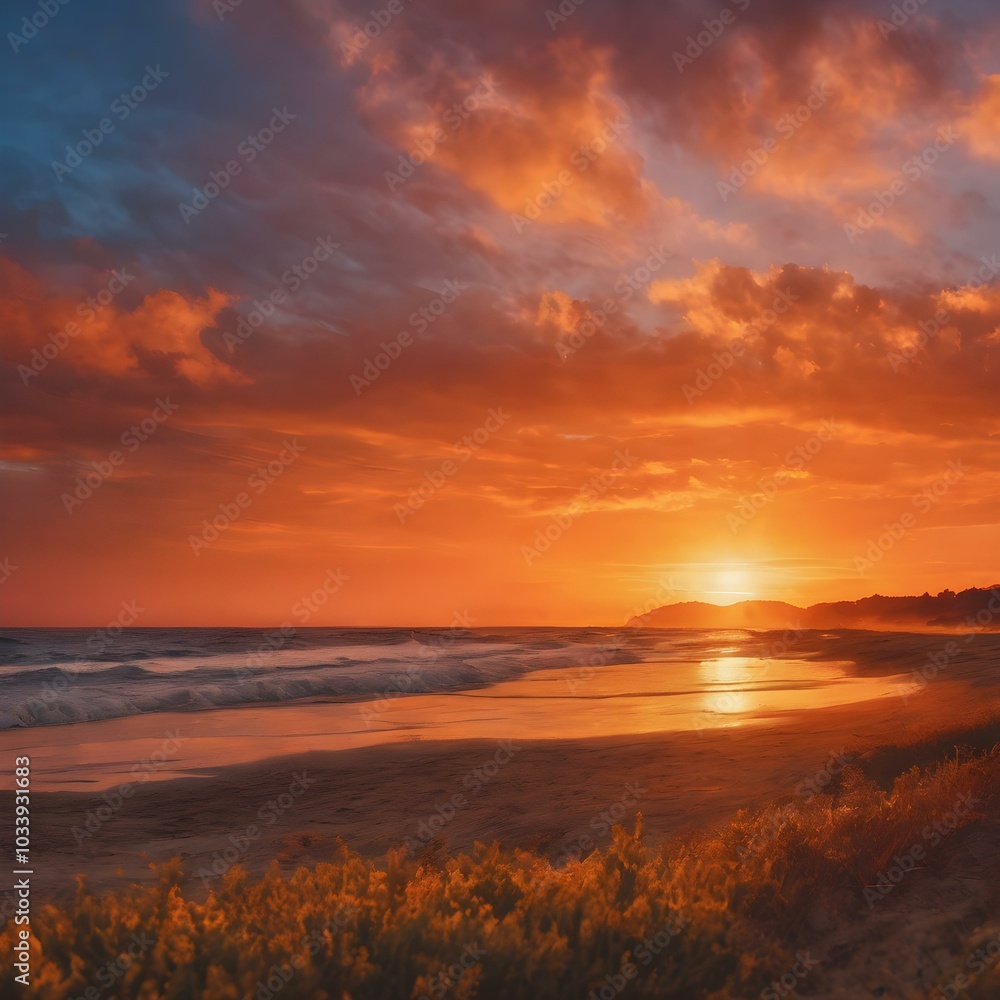 Naklejka premium A bright sunset orange backdrop with a textured, painterly effect, capturing the warmth and intensity of a summer evening