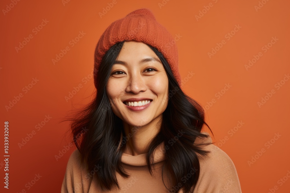 Portrait of a satisfied asian woman in her 40s sporting a trendy beanie in soft brown background Portrait of a satisfied asian woman in her 40s sporting a trendy beanie in soft brown background