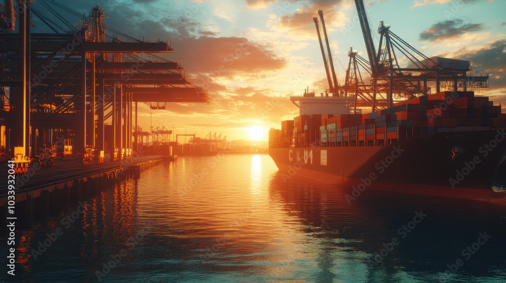 A cargo ship docked at sunset, with cranes and a reflective water surface. A cargo ship docked at sunset, with cranes and a reflective water surface.