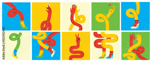 Groovy hippie set of colorful curved funny twisted intertwined legs in different poses. Hand drawn vector colored trendy illustration. Flat design