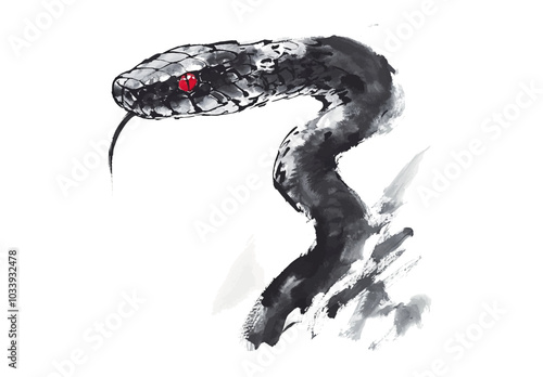 2025年巳年年賀状素材水墨画風