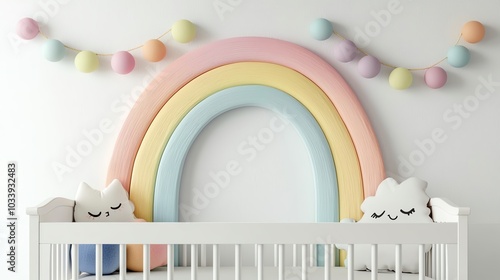 Rainbowcolored garland over baby crib, playful decor, 3D illustration photo