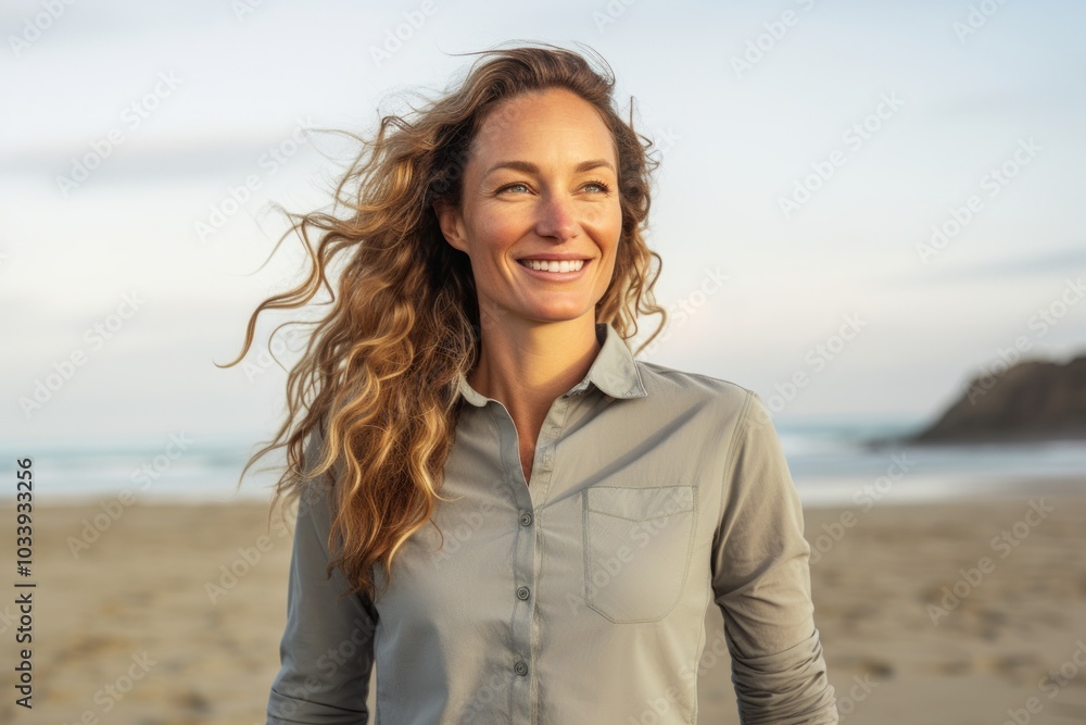 Portrait of a satisfied woman in her 30s sporting a breathable hiking shirt in front of sandy beach background Portrait of a satisfied woman in her 30s sporting a breathable hiking shirt in front of sandy beach background