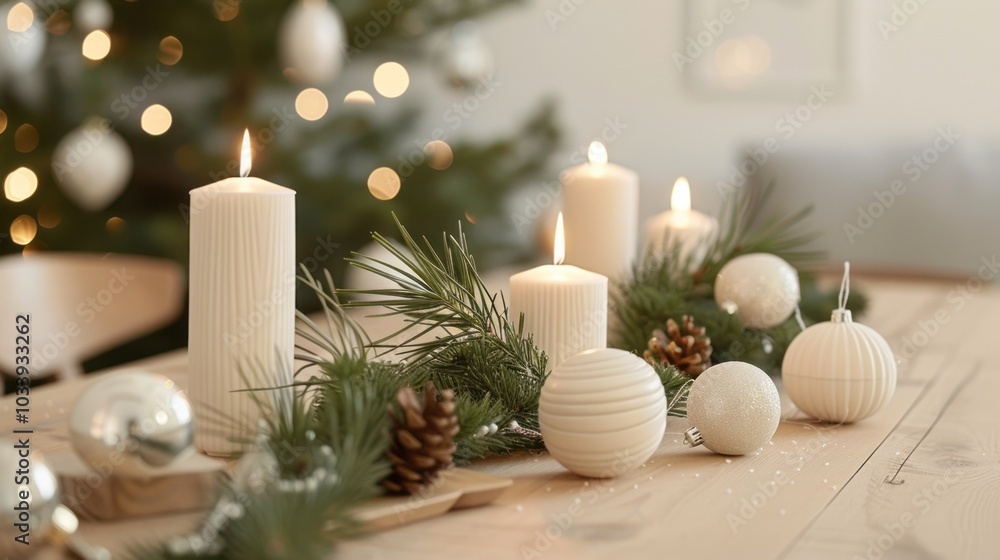 Minimalist Christmas Table Centerpiece with Elegant Candles and Greenery Minimalist Christmas Table Centerpiece with Elegant Candles and Greenery