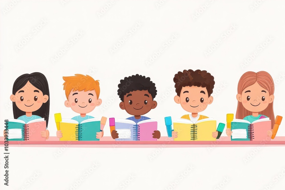 Diverse children reading books, white isolate background Diverse children reading books, white isolate background
