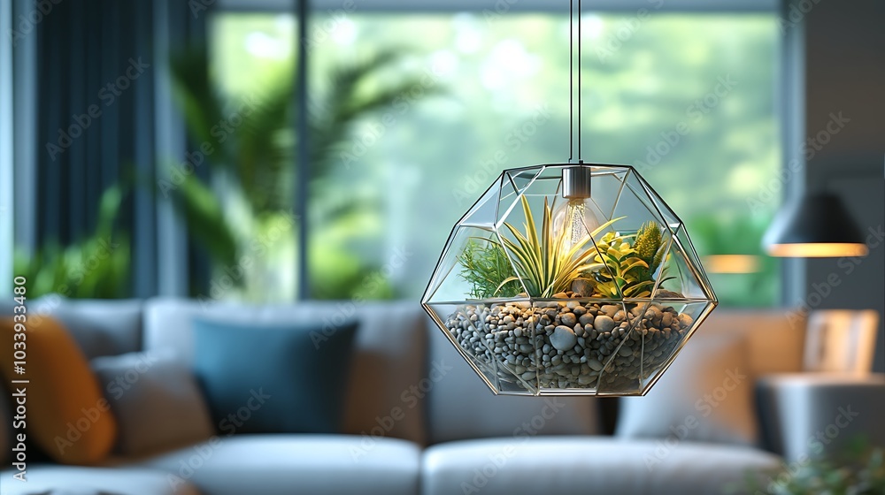 A geometric glass terrarium hanging by a wire, containing air plants and pebbles, minimalist decor with neutral tones and soft lighting, A geometric glass terrarium hanging by a wire, containing air plants and pebbles, minimalist decor with neutral tones and soft lighting,