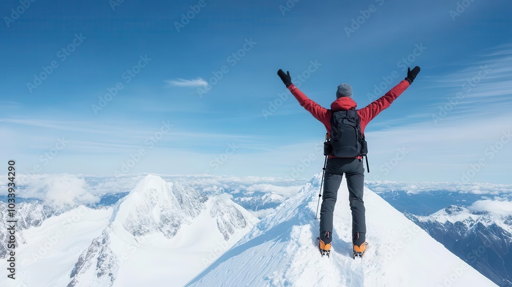 A climber stands triumphantly with raised arms on a snowy mountain peak, surrounded by breathtaking alpine views and blue skies, celebrating a successful ascent. A climber stands triumphantly with raised arms on a snowy mountain peak, surrounded by breathtaking alpine views and blue skies, celebrating a successful ascent.