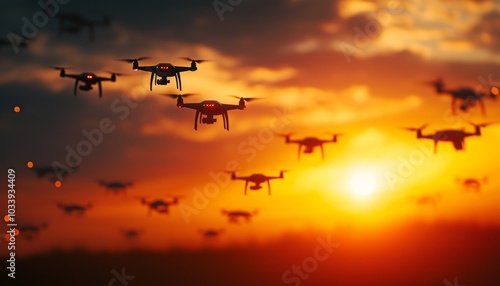 A captivating sunset scene featuring numerous drones flying in formation against a vibrant orange sky.