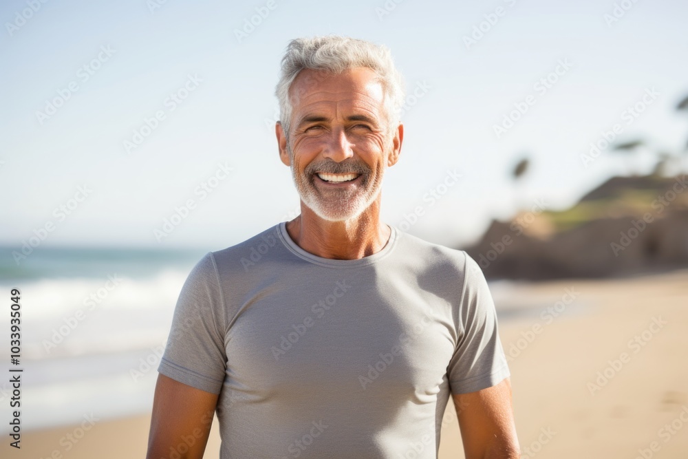 Portrait of a cheerful man in his 60s sporting a breathable mesh jersey on sandy beach background Portrait of a cheerful man in his 60s sporting a breathable mesh jersey on sandy beach background