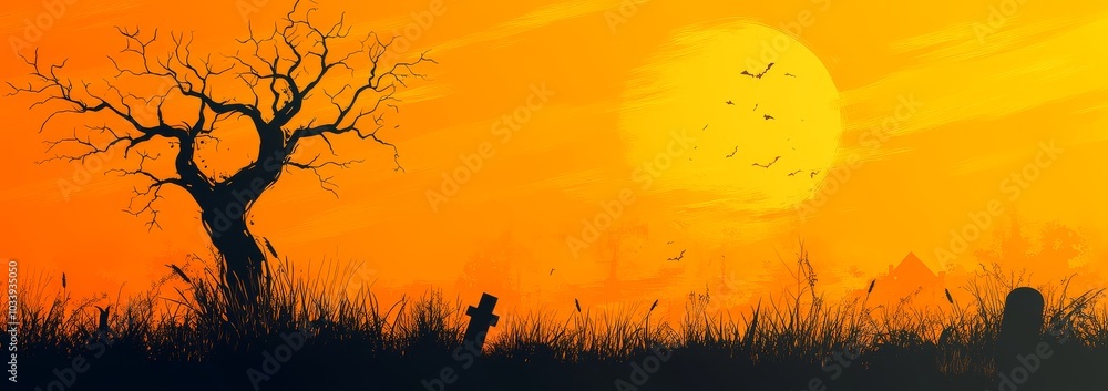 Chilling Halloween background featuring a silhouette of a spooky graveyard and a dead tree, designed in a vibrant orange color vector illustration with a flat style. Chilling Halloween background featuring a silhouette of a spooky graveyard and a dead tree, designed in a vibrant orange color vector illustration with a flat style.