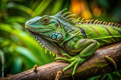 Green iguana portrait on branch in tropical rainforest