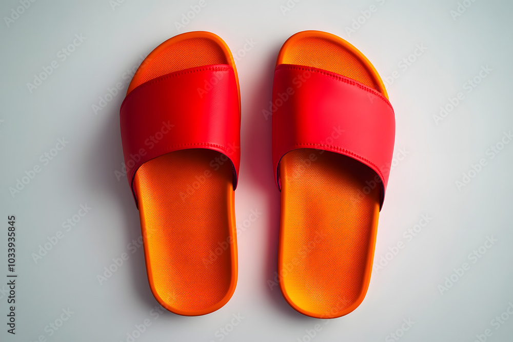 Pair of bright red slides on a white background, showcasing simple design and modern footwear style. Pair of bright red slides on a white background, showcasing simple design and modern footwear style.