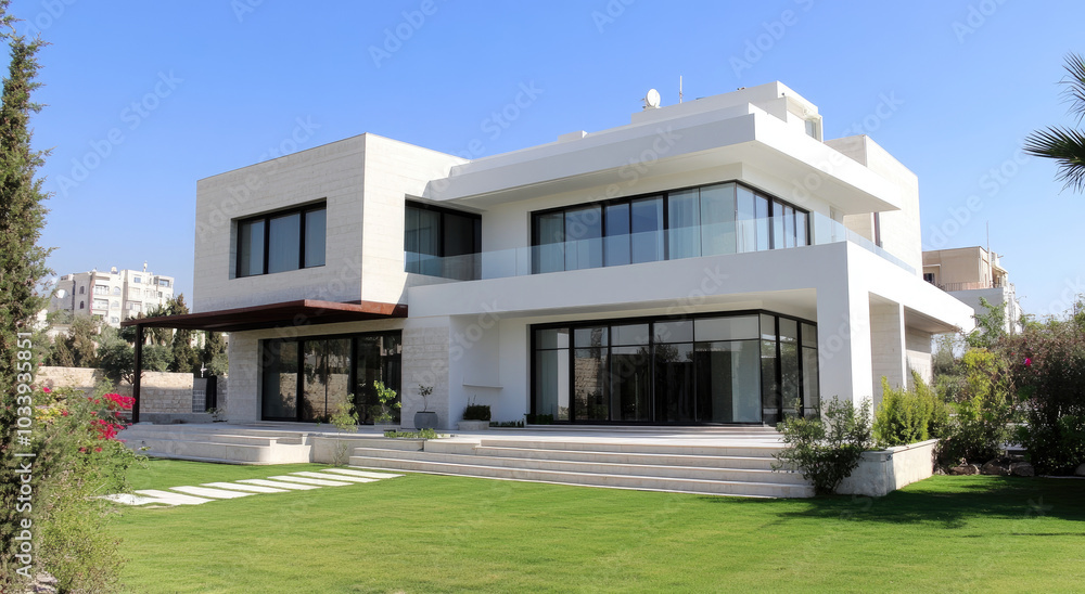 A modern house with white walls and concrete textures, featuring an exterior view of the two-story structure against a blue sky. A modern house with white walls and concrete textures, featuring an exterior view of the two-story structure against a blue sky.