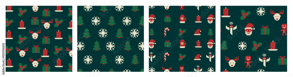 8bit pixel Christmas sweater patterns set. Cute pixelated ornament, Christmas holiday traditional sweater knit with red socks, reindeer, gift box and bow square pixel vector pattern 8bit pixel Christmas sweater patterns set. Cute pixelated ornament, Christmas holiday traditional sweater knit with red socks, reindeer, gift box and bow square pixel vector pattern