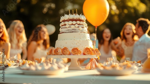 A large outdoor birthday party with a tiered cake on display