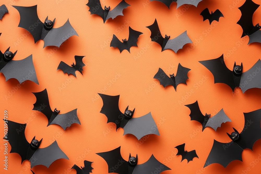 Winning Halloween background featuring bats and ghosts on vibrant orange paper, captured in a flat lay with ample space for text, showcasing high-resolution professional photography. Winning Halloween background featuring bats and ghosts on vibrant orange paper, captured in a flat lay with ample space for text, showcasing high-resolution professional photography.