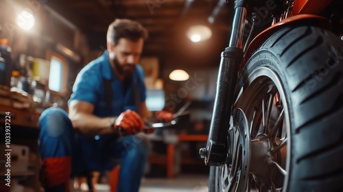 A mechanic performs maintenance on a motorcycle in a well-equipped workshop during the afternoon