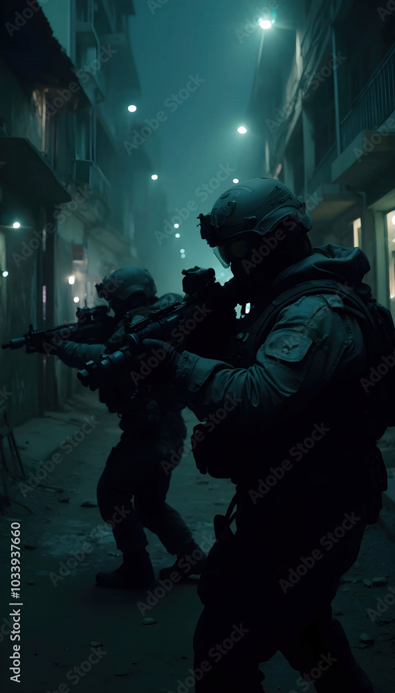 A covert military team conducting a Black Ops night raid, showcasing tactical gear and stealth operations under the cover of darkness. A covert military team conducting a Black Ops night raid, showcasing tactical gear and stealth operations under the cover of darkness.