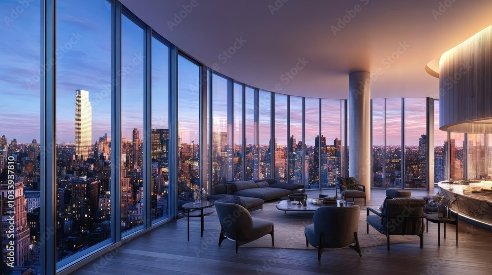 Modern Living Room with Panoramic City Views at Dusk