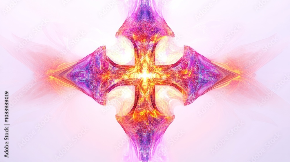 Naklejka premium futuristic cross formed by intersecting quantum waves and particles on a pristine white backdrop The cross glows with a soft light,