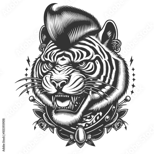 Roaring tiger with a punk-style hairdo and fierce expression, designed in retro tattoo style. sketch engraving generative ai vector illustration. Scratch board imitation. Black and white image.