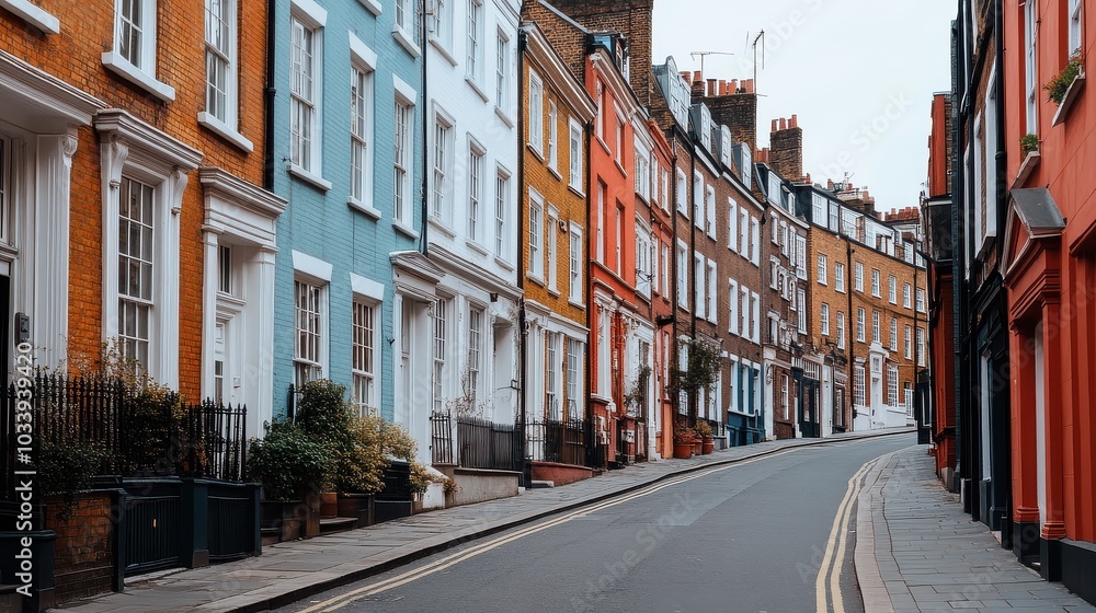 Fototapeta premium Colorful historic london street with red, blue, and yellow townhouses on a cozy day
