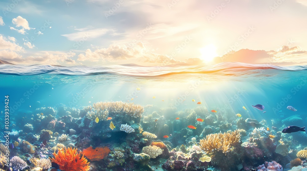Naklejka premium A beautiful underwater scene with colorful coral reefs and fish swimming in the clear blue water, with the sun shining through the surface above.