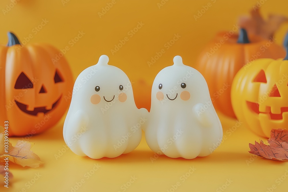Adorable Halloween background featuring smiling ghosts and pumpkins on a vibrant orange backdrop, perfect for celebrating with ample copy space and a charming couple of love-struck ghosts. Adorable Halloween background featuring smiling ghosts and pumpkins on a vibrant orange backdrop, perfect for celebrating with ample copy space and a charming couple of love-struck ghosts.