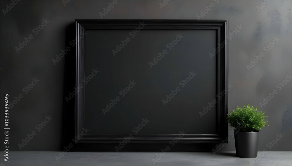 Fototapeta premium A black picture frame hanging on a dark concrete wall, creating a striking contrast that highlights the artwork inside, perfect for modern interior design.