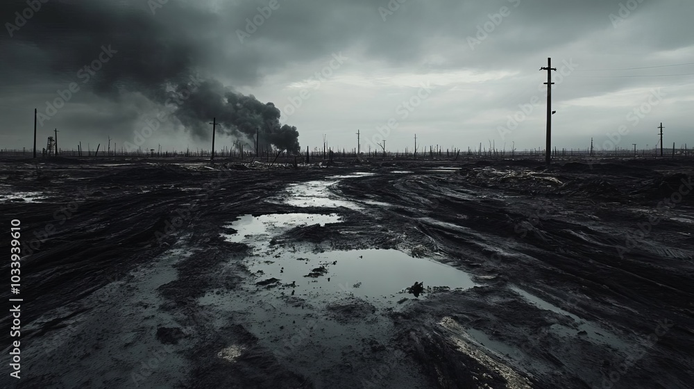 Burnt oil fields under a gray sky, Realism, dark tones, natural textures, symbolizing resource instability Burnt oil fields under a gray sky, Realism, dark tones, natural textures, symbolizing resource instability