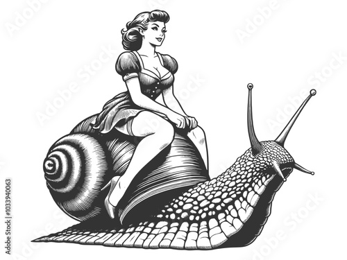 woman gracefully riding atop a giant snail, elements of fantasy and whimsy sketch engraving generative ai fictional character vector illustration. Scratch board imitation. Black and white image