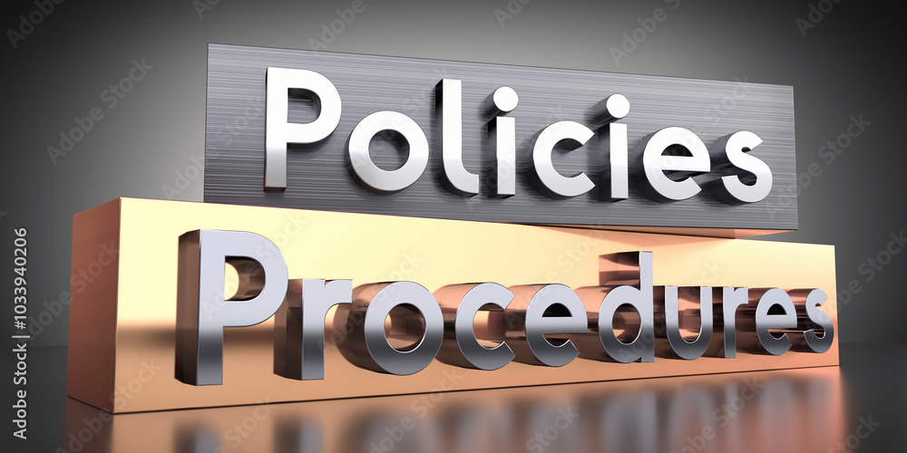 Policies, procedures - words on metal blocks - 3D illustration Policies, procedures - words on metal blocks - 3D illustration