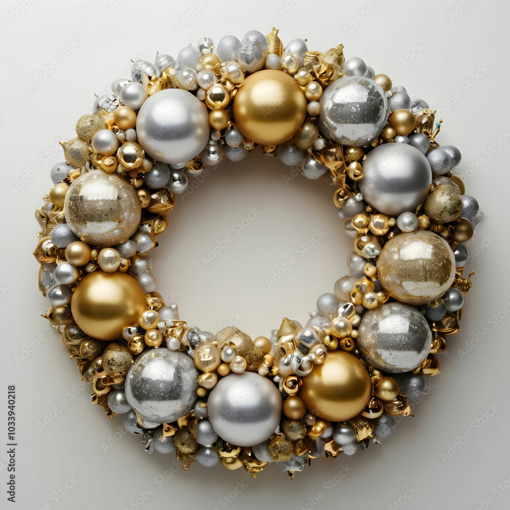 A dazzling wreath crafted from gold and silver, showcasing exquisite design and sparkling accents, A dazzling wreath crafted from gold and silver, showcasing exquisite design and sparkling accents,