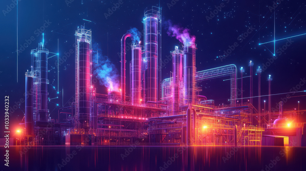 Fototapeta premium A vibrant, futuristic industrial complex with colorful lights and smoke emissions.