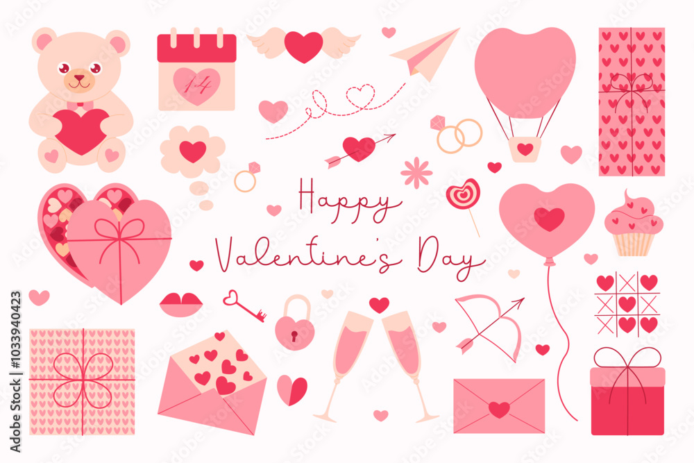 A collection of Valentine's Day themed images including hearts, balloons, and a teddy bear. The image is pink and features a happy Valentine's Day message A collection of Valentine's Day themed images including hearts, balloons, and a teddy bear. The image is pink and features a happy Valentine's Day message