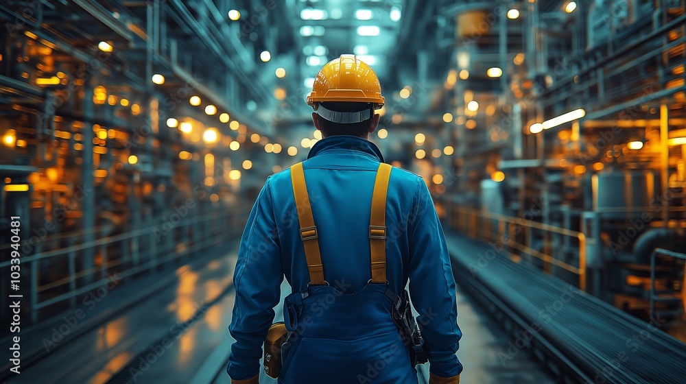 Factory worker in blue coveralls and hard hat standing on industrial floor Factory worker in blue coveralls and hard hat standing on industrial floor