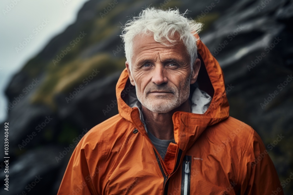 Portrait of a content man in his 60s wearing a lightweight packable anorak isolated in rocky cliff background Portrait of a content man in his 60s wearing a lightweight packable anorak isolated in rocky cliff background