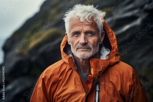 Portrait of a content man in his 60s wearing a lightweight packable anorak isolated in rocky cliff background